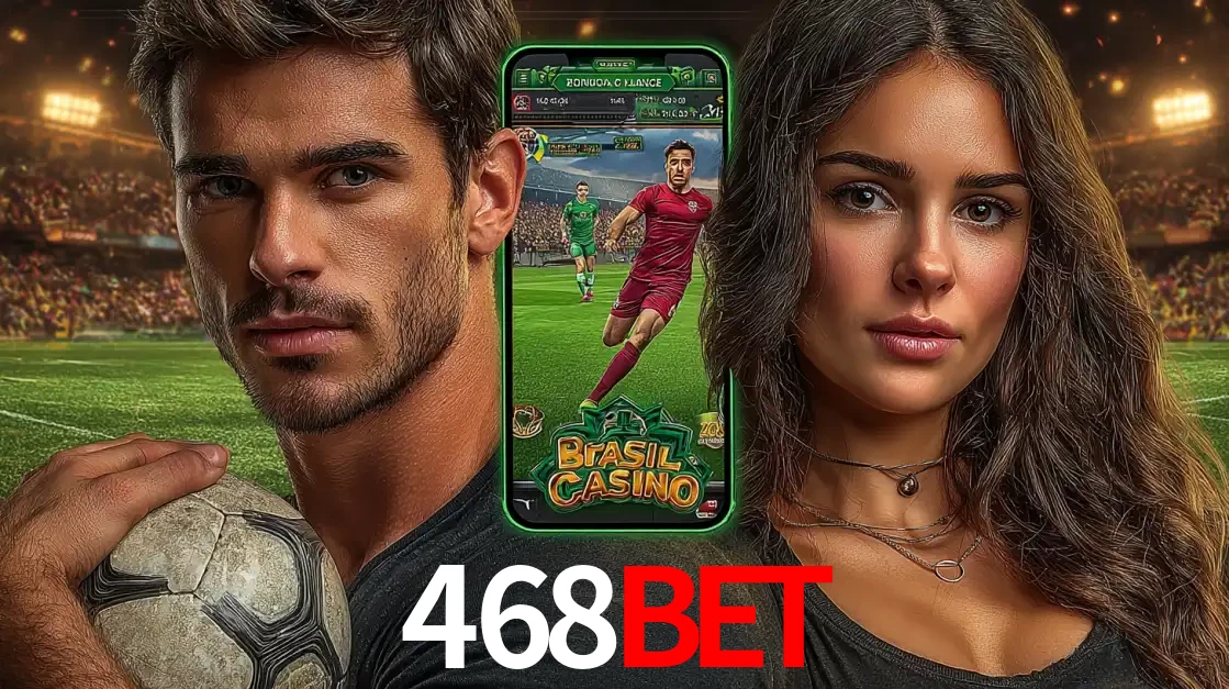 Homem segurando uma bola de futebol e uma mulher ao lado de um smartphone exibindo o jogo de apostas esportivas da 468BET. Faça seu palpite no cassino online.